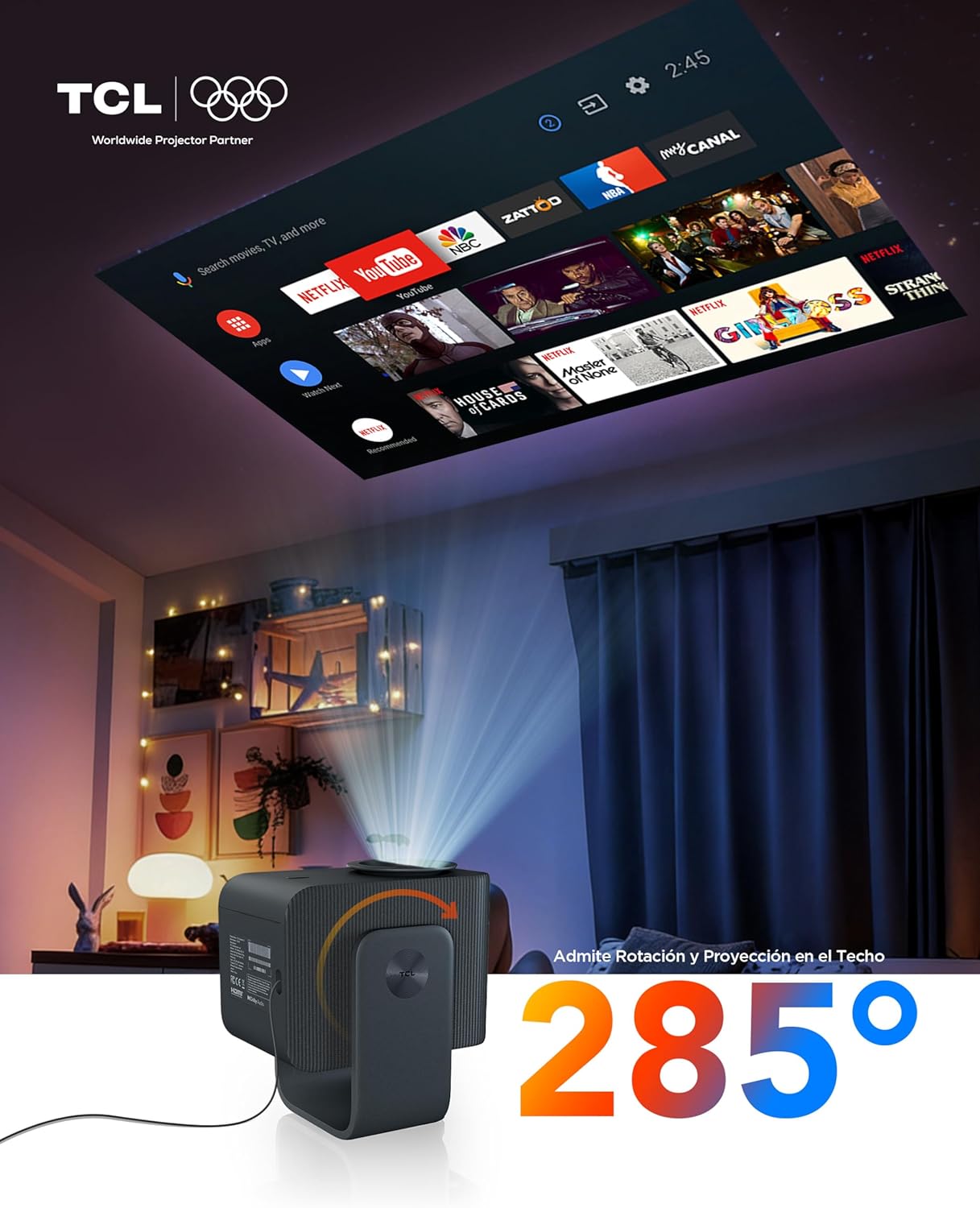 TCL C1 Portable Projector 4K Compatible, [GoogleTV/Netflix Intégrées] Mini Projector Full HD, Auto Focus and 6D Keystone, Dolby 8W, WiFi, Bluetooth, Adjustable to 285° for Home Cinema, Bedroom