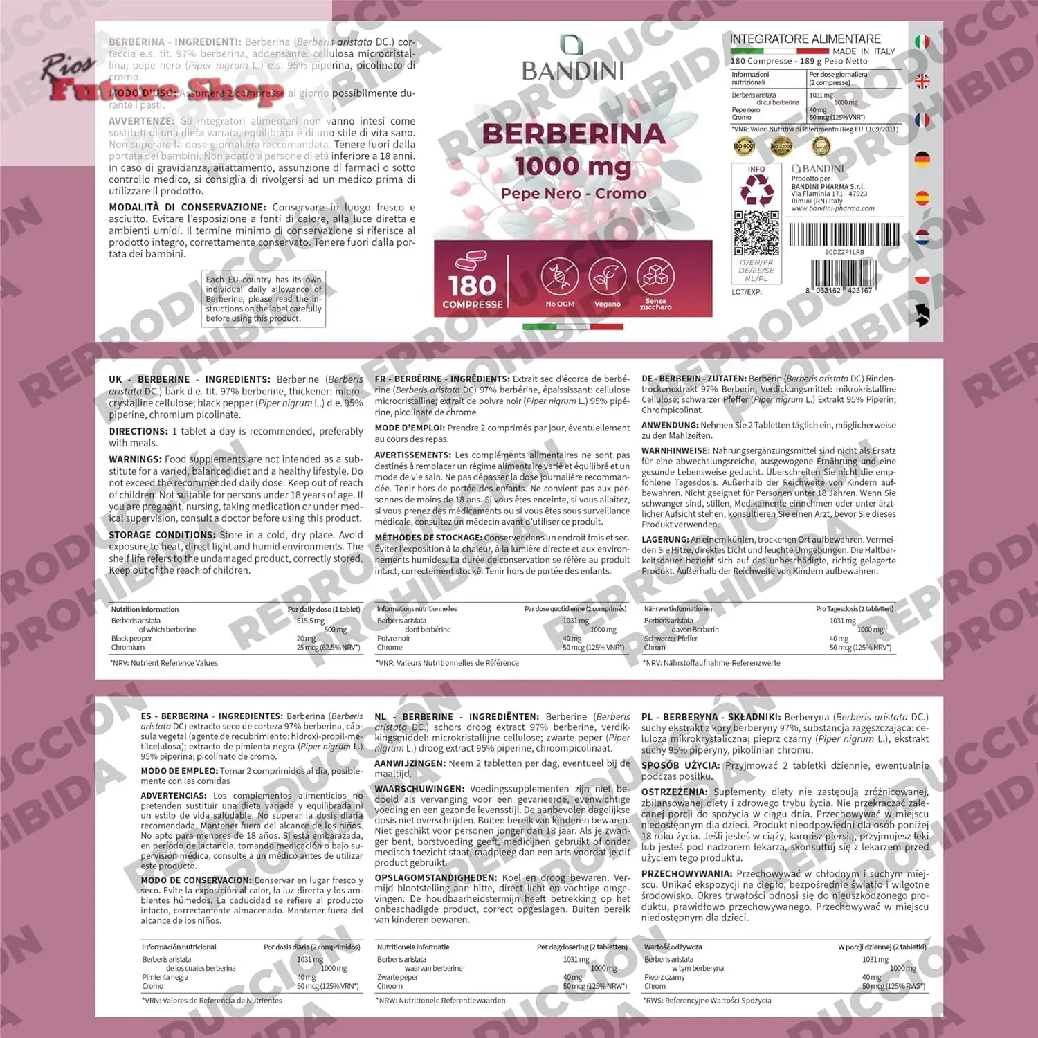 Bandini® Berberine 1000mg | Pure High-Dose Vegan Capsules | 180 Count - Rios Future Shop