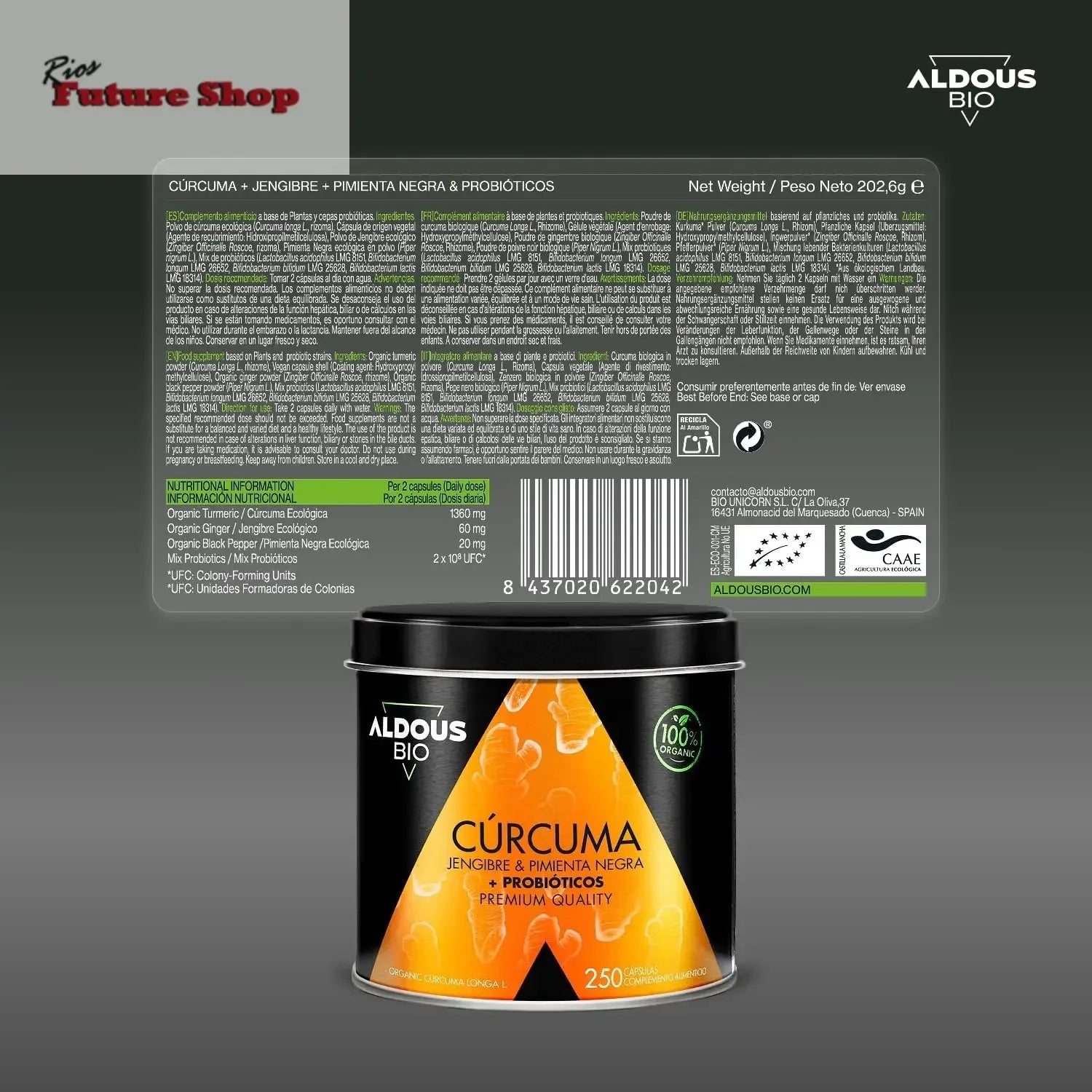 BioPro Turmeric Probiotics + Ginger & Black Pepper, 250 Capsules, 1460 mg - Rios Future Shop