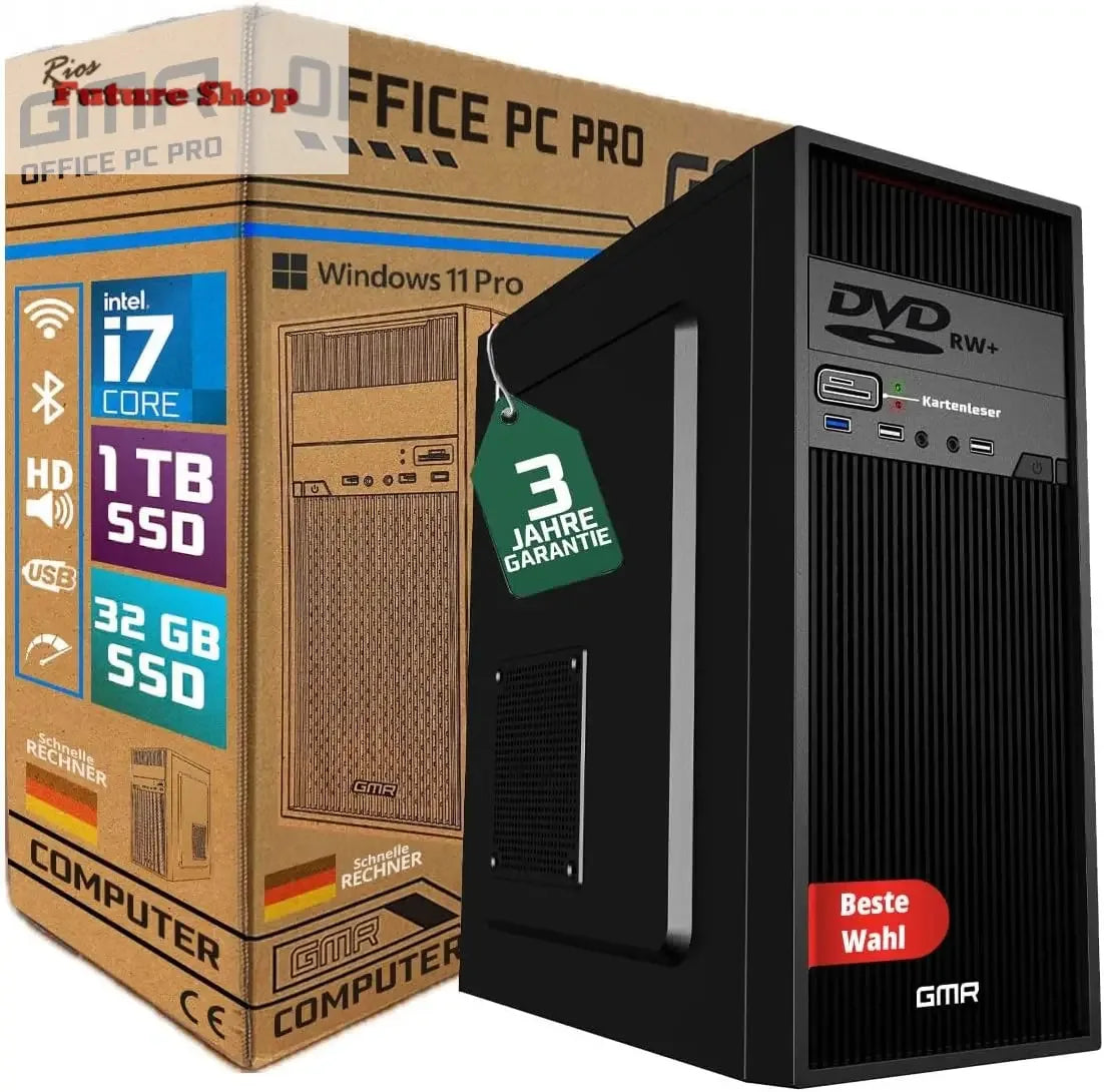 GMR Ultra Intel i7 PC - Calculadora rápida + Ordenador para Oficina y Oficina en casa con 32 GB DDR4 RAM/Memoria RAM - SSD de 2 TB - DVD+RW - USB 3.0 - WiFi 600 y Bluetooth 5 - Win 11 Pro - Rios Future Shop