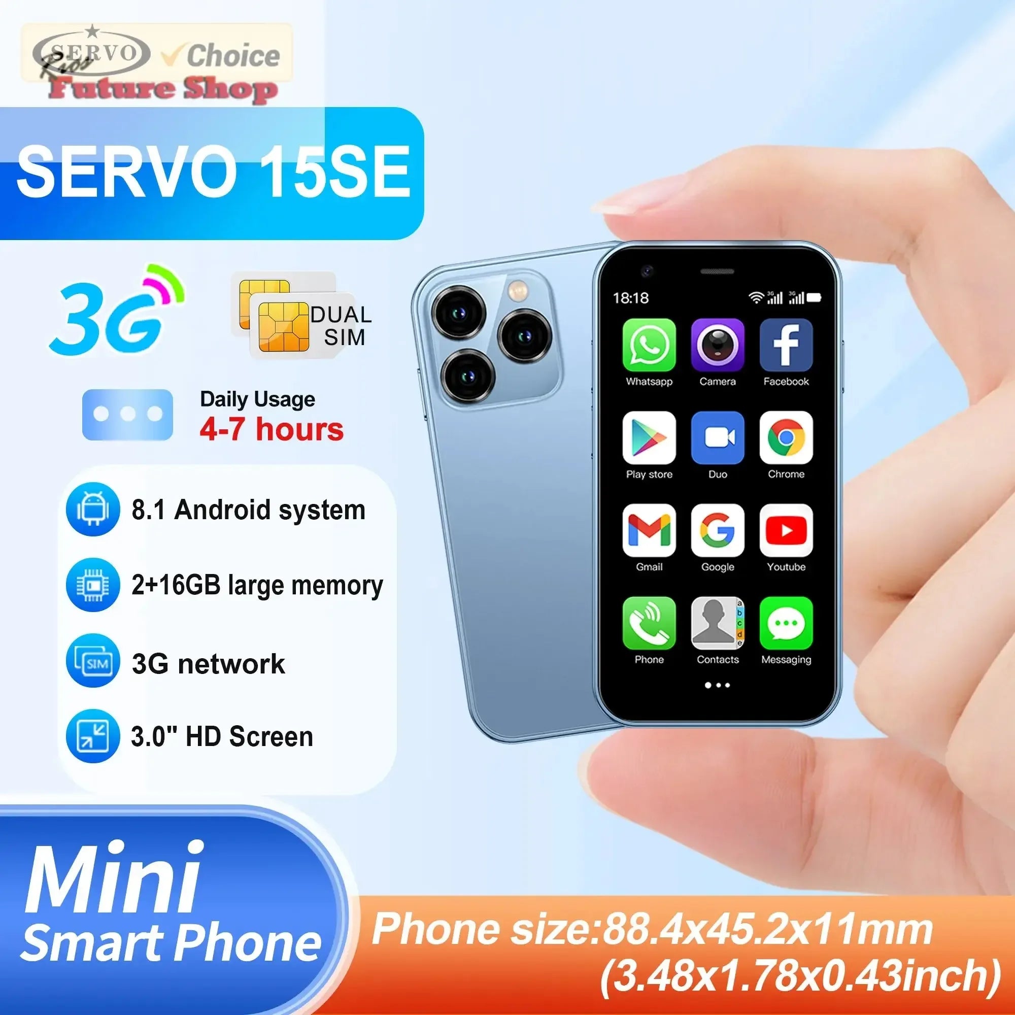 SERVO 15SE Mini Smartphone 3G WCDMA Android System WiFi Hotspot Play Store 3.0" Display Small Palm Smart Phones Dual SIM Standby - Rios Future Shop