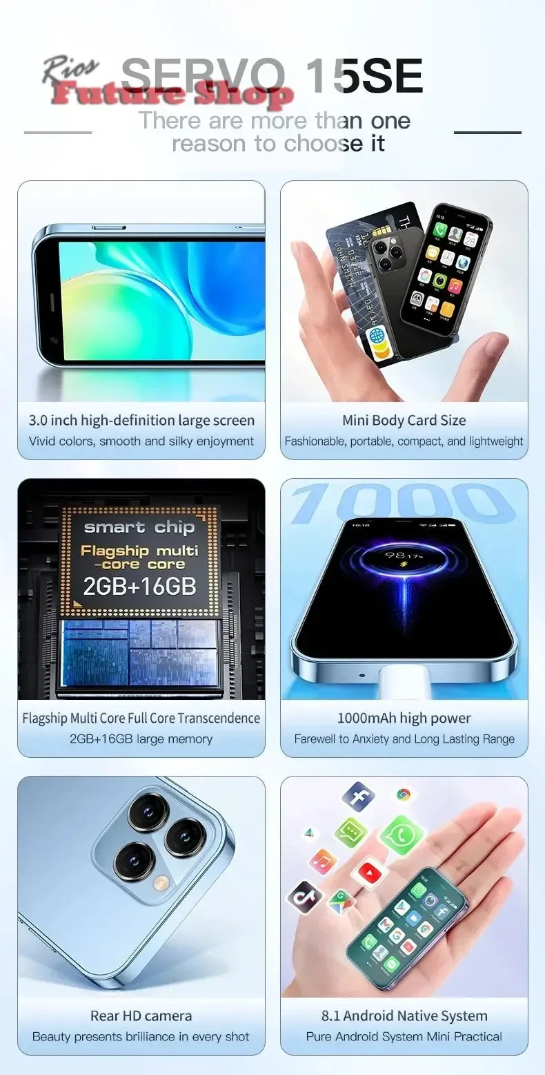 SERVO 15SE Mini Smartphone 3G WCDMA Android System WiFi Hotspot Play Store 3.0" Display Small Palm Smart Phones Dual SIM Standby - Rios Future Shop