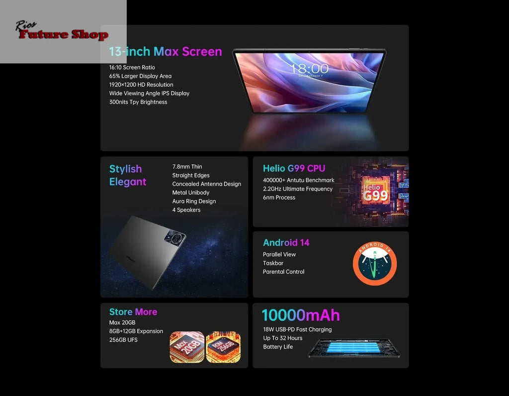 T65 Max 13" HD Display Android 14 Tablet MediaTek - Rios Future Shop