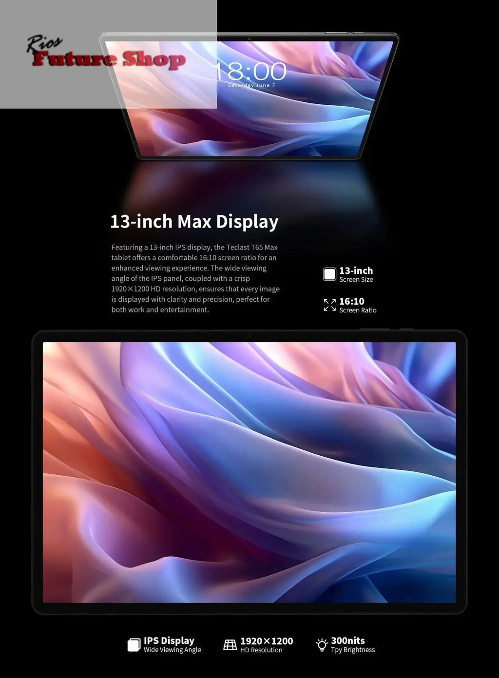 T65 Max 13" HD Display Android 14 Tablet MediaTek - Rios Future Shop