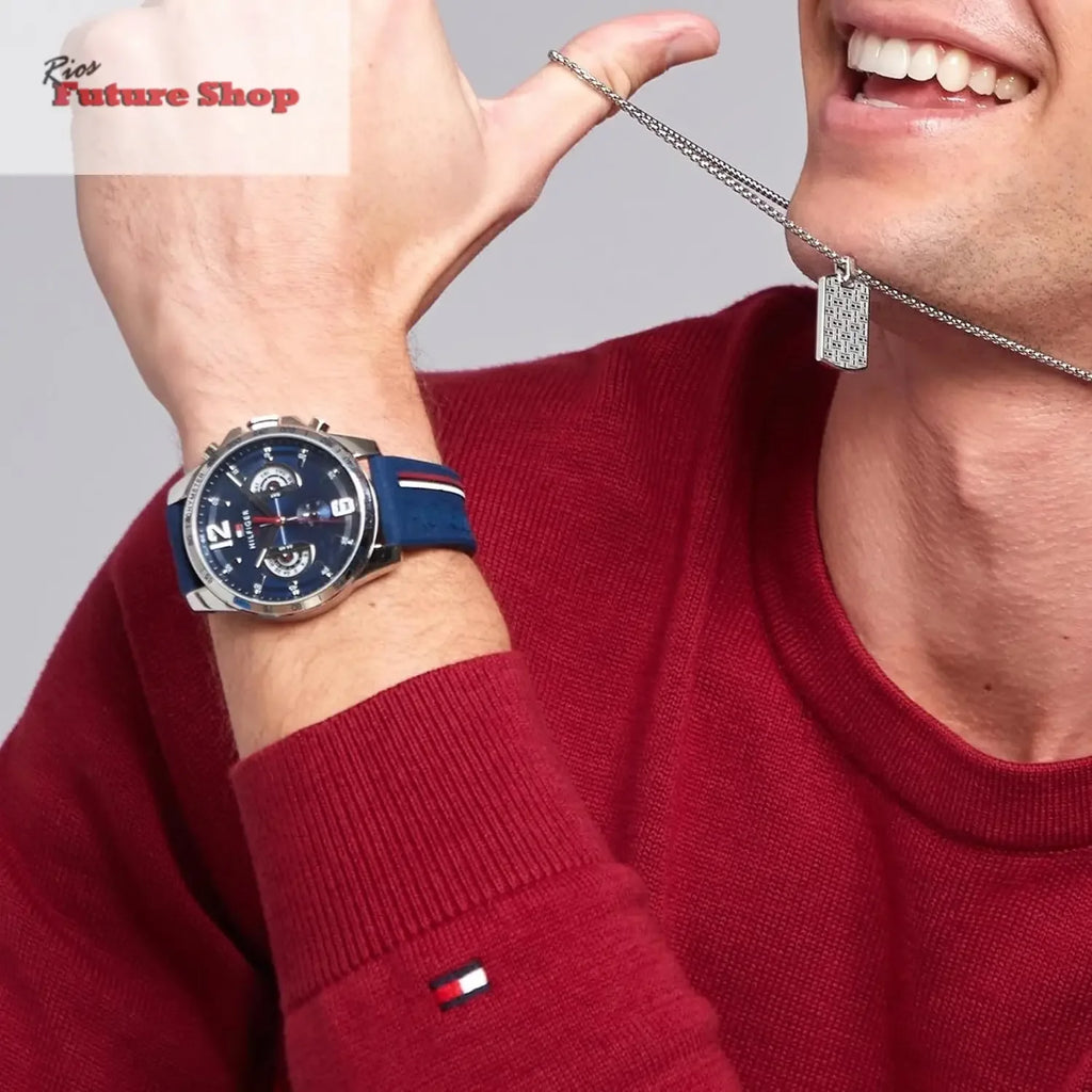 Tommy Hilfiger Relógio analógico multifuncional de quartzo para homens com correia de silicone, aço inoxidável ou couro, subesferas para dia e data, resistente à água até 5ATM. - Rios Future Shop