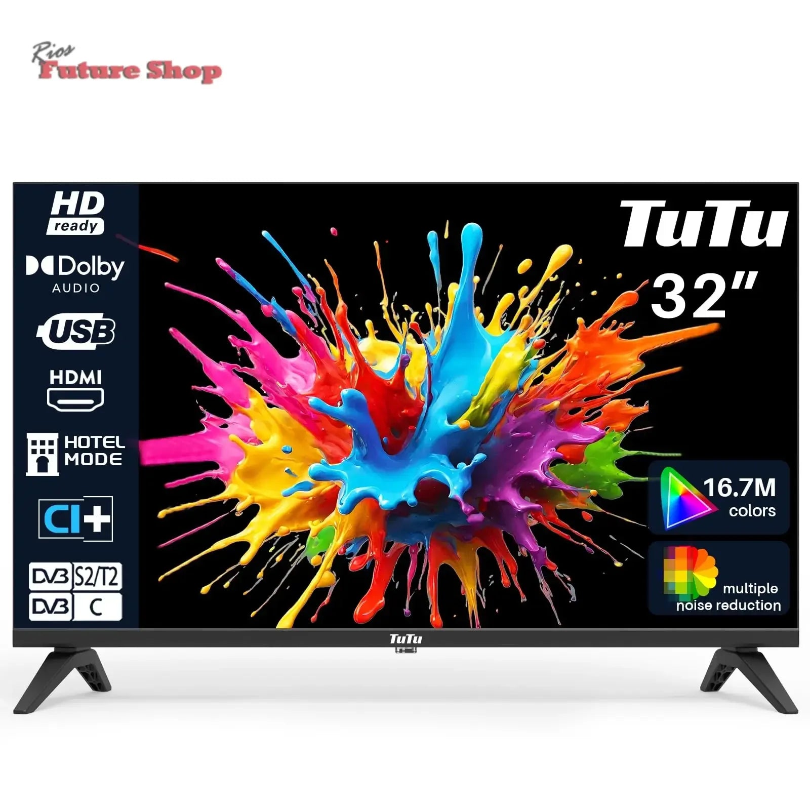 TuTu Televisores LED HD de 32 polegadas sem moldura TV com sintonizador digital DVB-T/T2-C-S/S2, HDMI, USB gravador leitor, modo de hotel, peana central (TUB32HN1NC, 2024) - Rios Future Shop