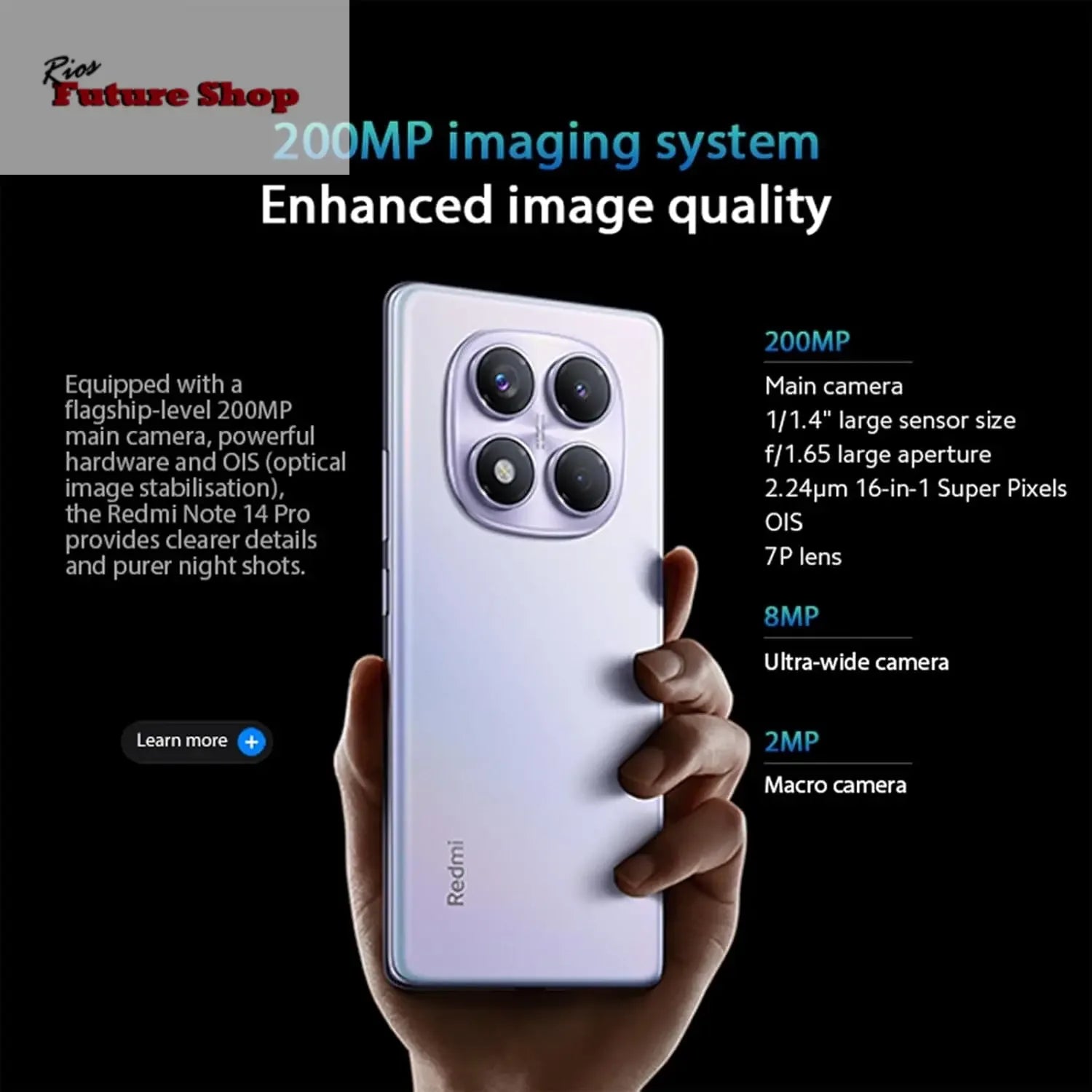 XIAOMI Redmi Note 14 Pro Smartphone de 8+256 GB, ecrã de 6,67" AMOLED FHD+ 120Hz, MediaTek Helio G100-Ultra, câmara de 200 MP, TurboCharge 45W, 5500 mAh, carregador não incluído Indo, roxo (Versão ES) - Rios Future Shop