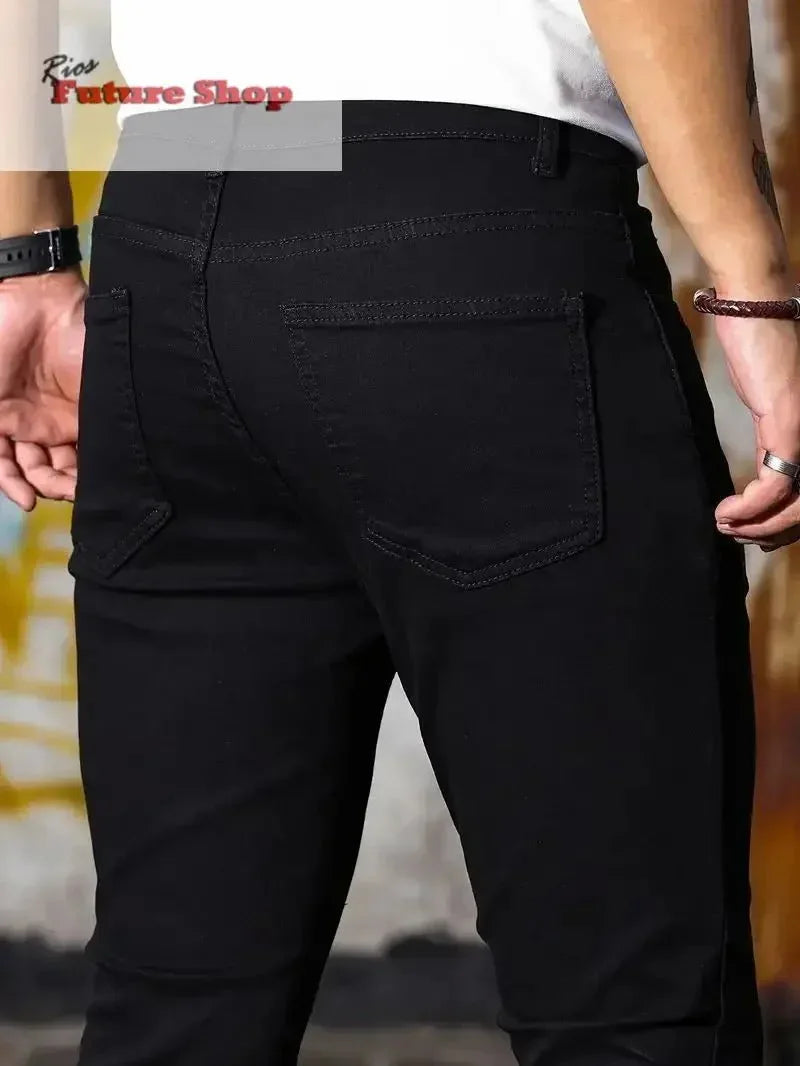 Calça masculina retrô com zíper elástica jeans casual slim fit - Rios Future Shop