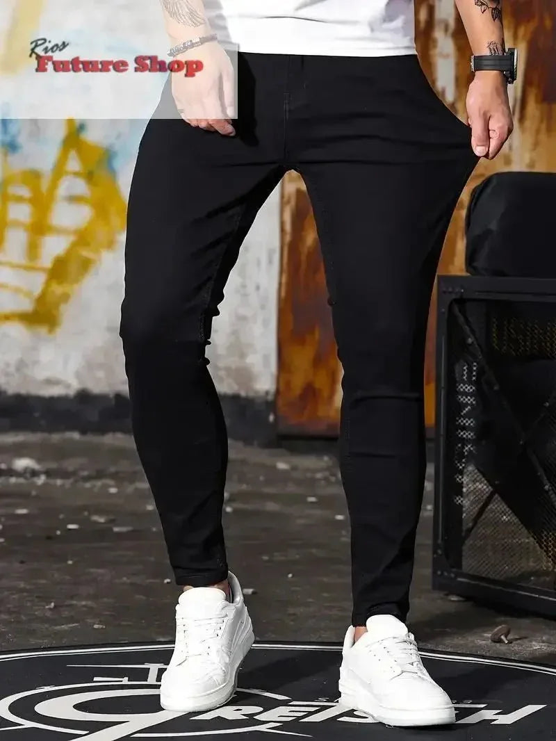 Calça masculina retrô com zíper elástica jeans casual slim fit - Rios Future Shop