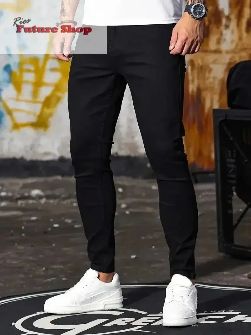 Calça masculina retrô com zíper elástica jeans casual slim fit - Rios Future Shop