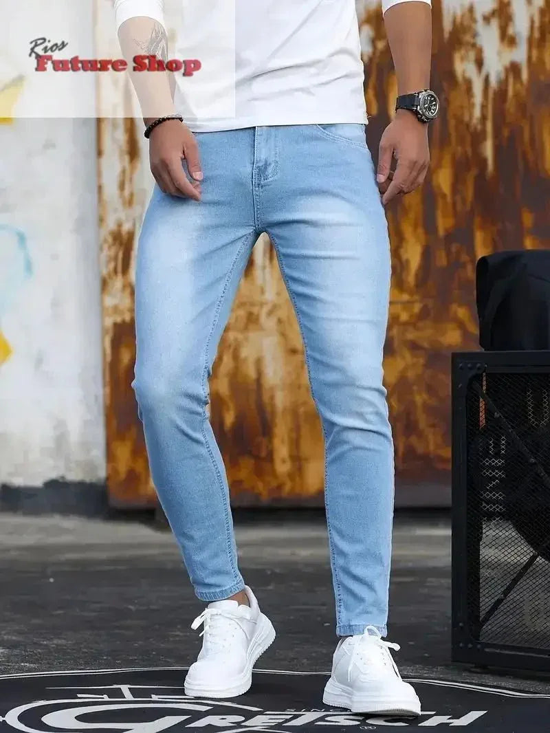 Calça masculina retrô com zíper elástica jeans casual slim fit - Rios Future Shop