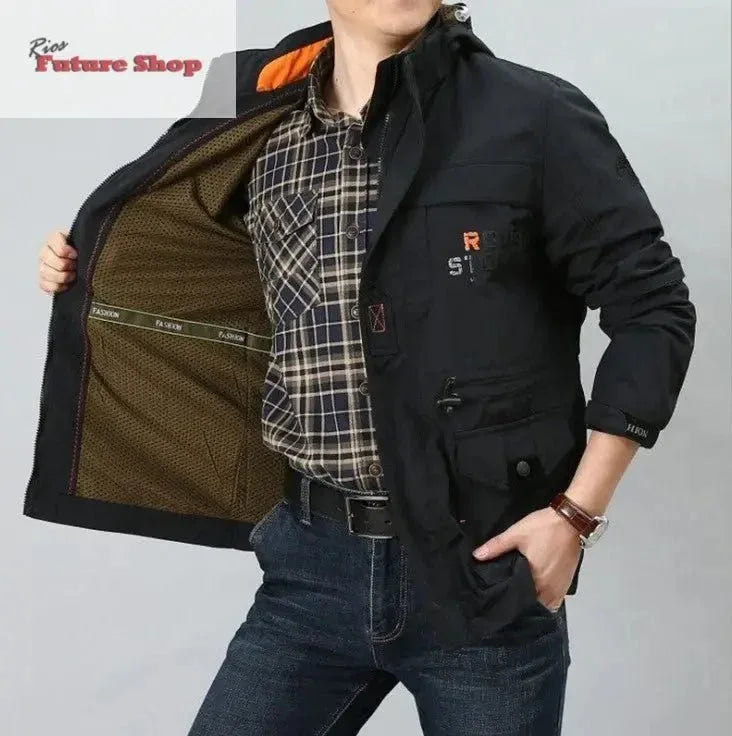 Casaco cross-border masculino de comprimento médio casual ao ar livre com capuz plus size casaco masculino primavera e outono - Rios Future Shop