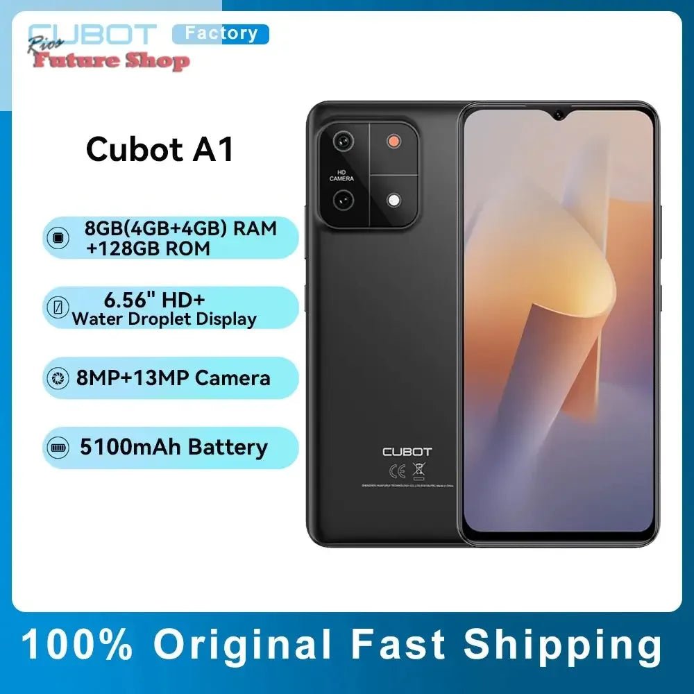 Cubot A1 Smartphone 6.56" HD+Screen 8GB(4GB+4GB)RAM 128GB ROM Octa core Android 13 5100mAh Battery Face ID 13MP Camera Cellphone - Rios Future Shop