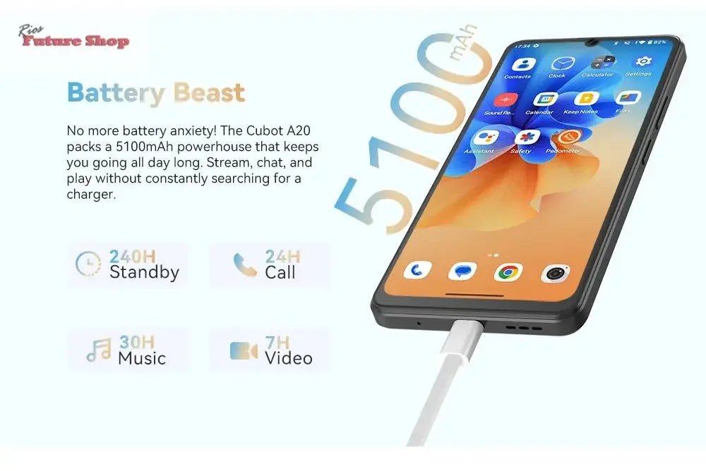 Cubot A20 4G Smart Phone Android 14 12GB(4GB+8GB Extend)+128GB 90Hz 6.745" HD+Display Face ID 5100mAh Cellphone - Rios Future Shop