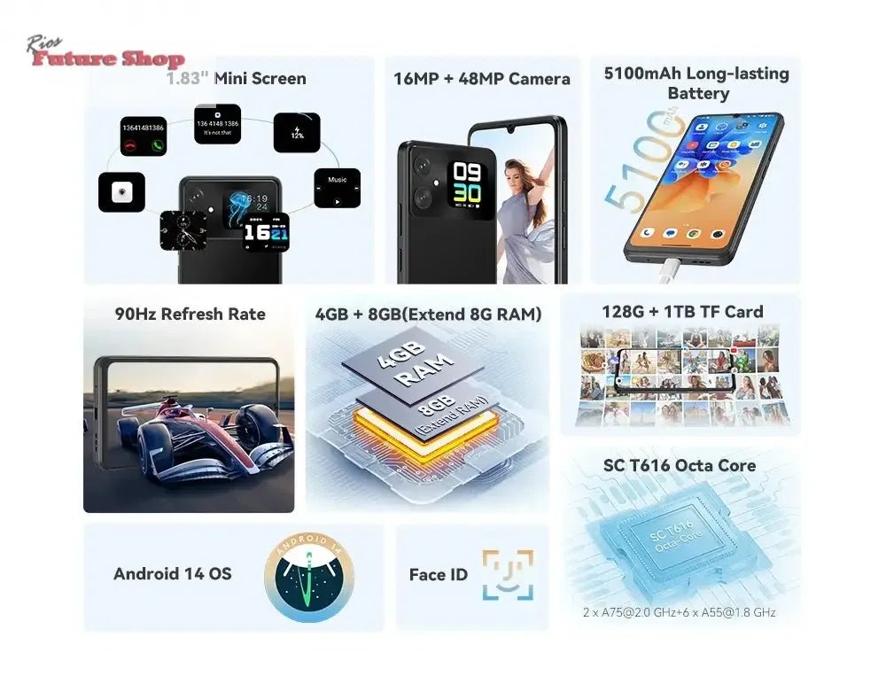 Cubot A20 4G Smart Phone Android 14 12GB(4GB+8GB Extend)+128GB 90Hz 6.745" HD+Display Face ID 5100mAh Cellphone - Rios Future Shop