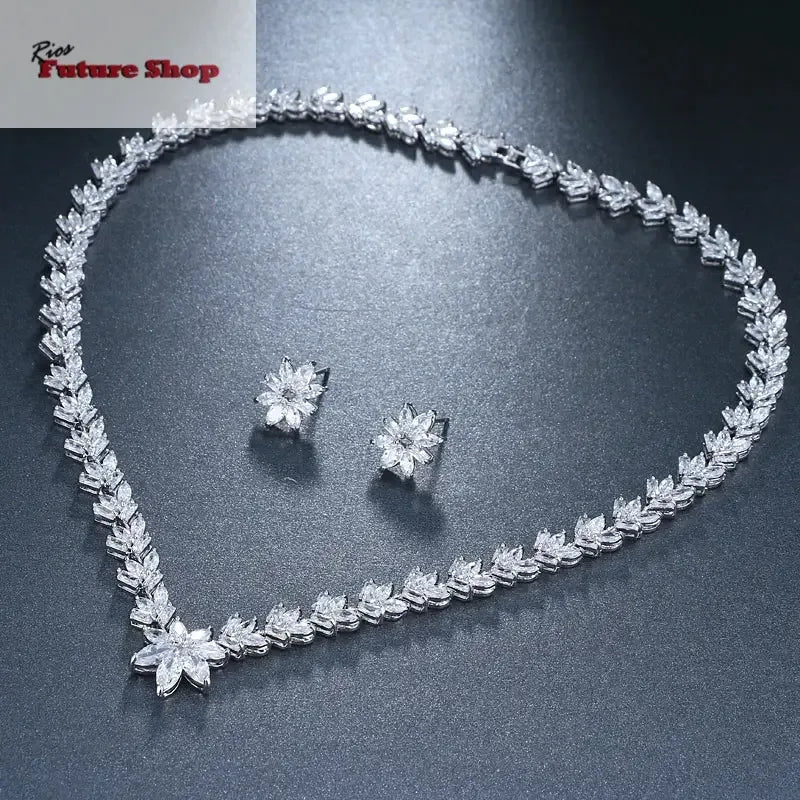 Emmaya Luxury Cubic Zircon Crystal Bridal Jewelry Sets Little Flower Necklace Earrings Sets for Women Wedding Party Jewelry Gift - Rios Future Shop