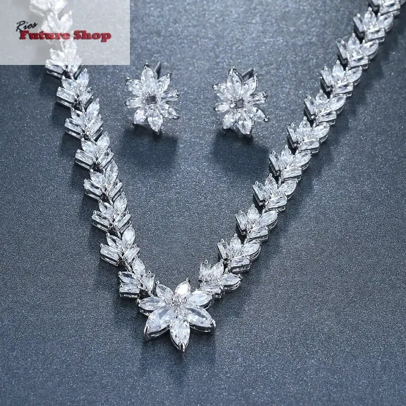 Emmaya Luxury Cubic Zircon Crystal Bridal Jewelry Sets Little Flower Necklace Earrings Sets for Women Wedding Party Jewelry Gift - Rios Future Shop