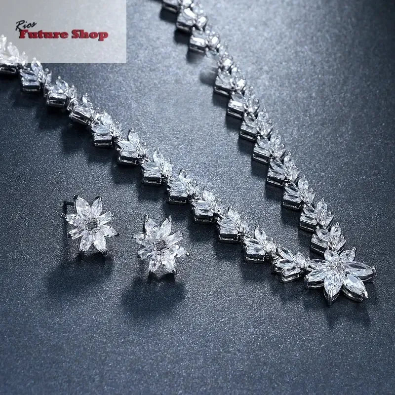 Emmaya Luxury Cubic Zircon Crystal Bridal Jewelry Sets Little Flower Necklace Earrings Sets for Women Wedding Party Jewelry Gift - Rios Future Shop