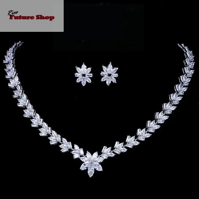 Emmaya Luxury Cubic Zircon Crystal Bridal Jewelry Sets Little Flower Necklace Earrings Sets for Women Wedding Party Jewelry Gift - Rios Future Shop