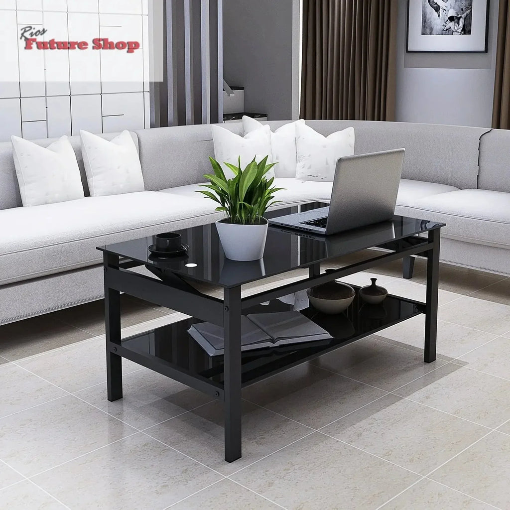 Glass Lift Top Coffee Table, 2-Layer Tempered Glass, Modern Simple, Black - Rios Future Shop