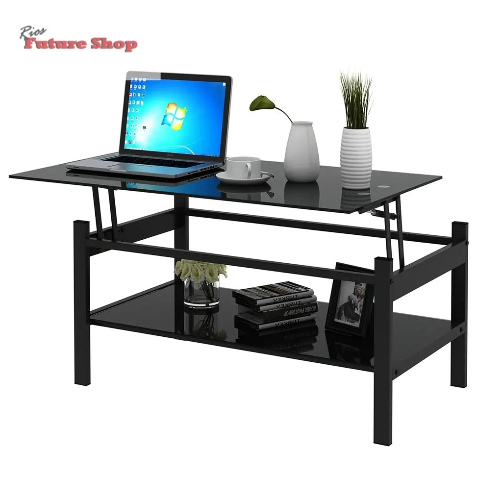 Glass Lift Top Coffee Table, 2-Layer Tempered Glass, Modern Simple, Black - Rios Future Shop