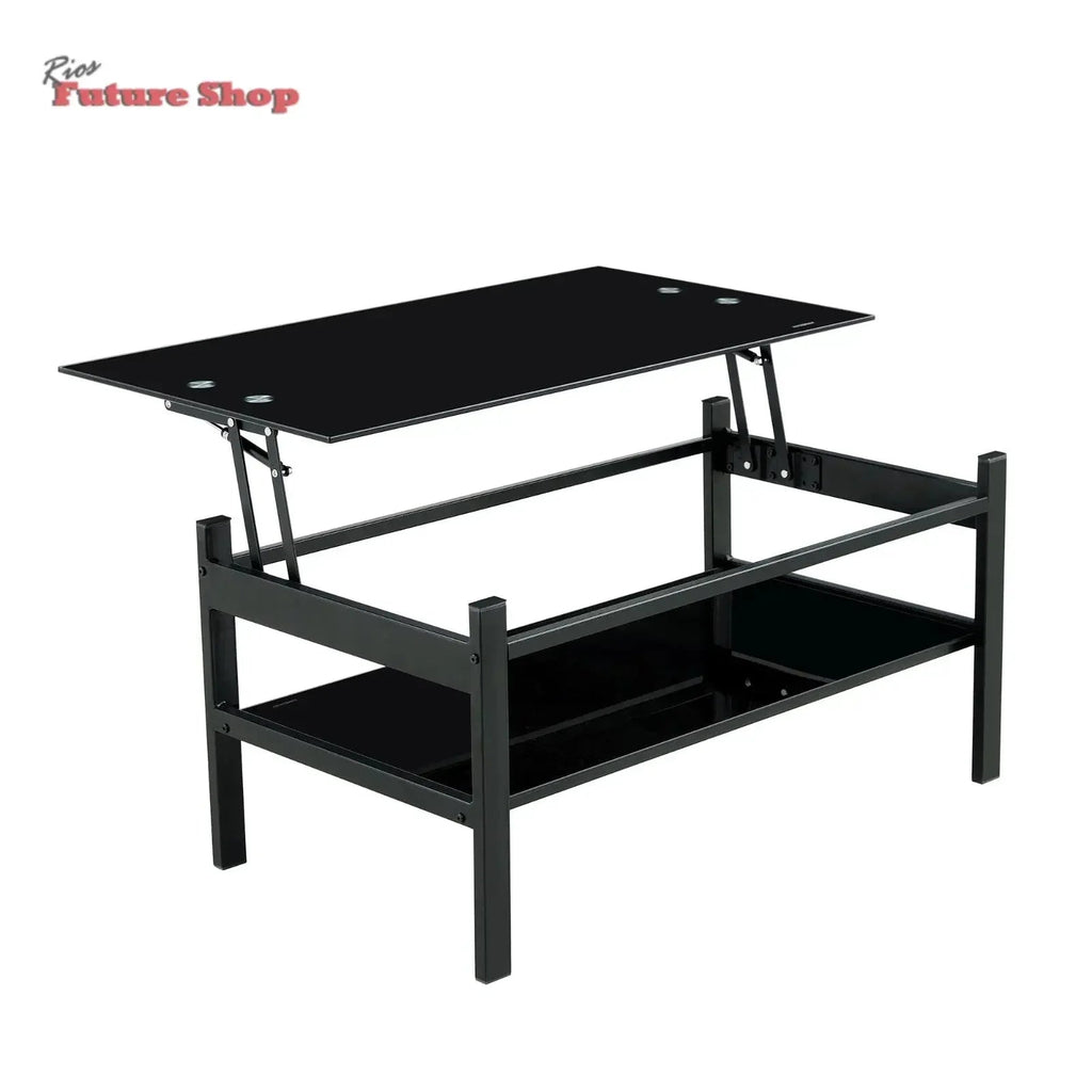 Glass Lift Top Coffee Table, 2-Layer Tempered Glass, Modern Simple, Black - Rios Future Shop