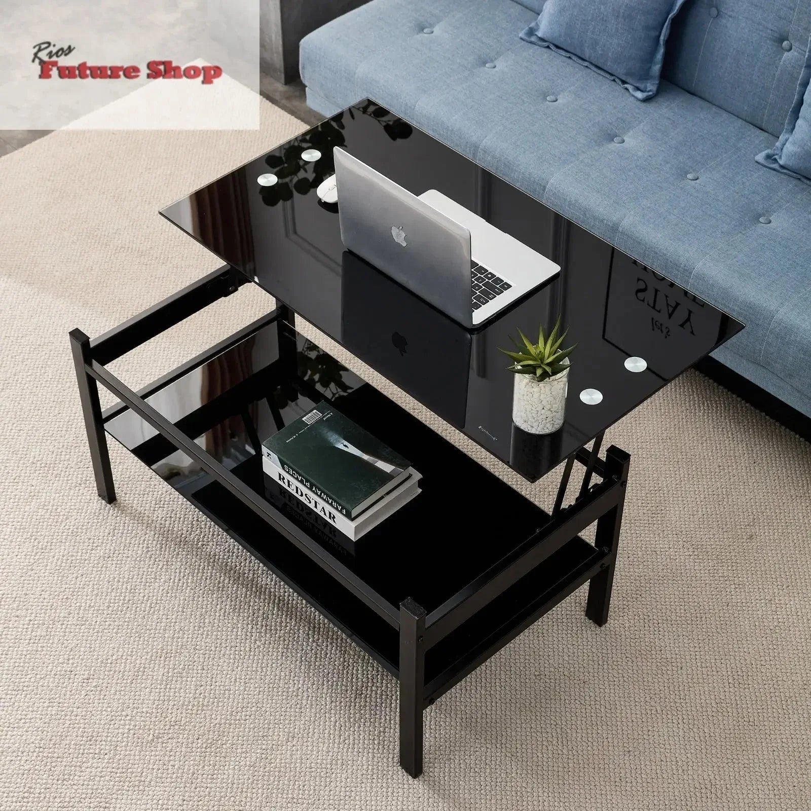Glass Lift Top Coffee Table, 2-Layer Tempered Glass, Modern Simple, Black - Rios Future Shop
