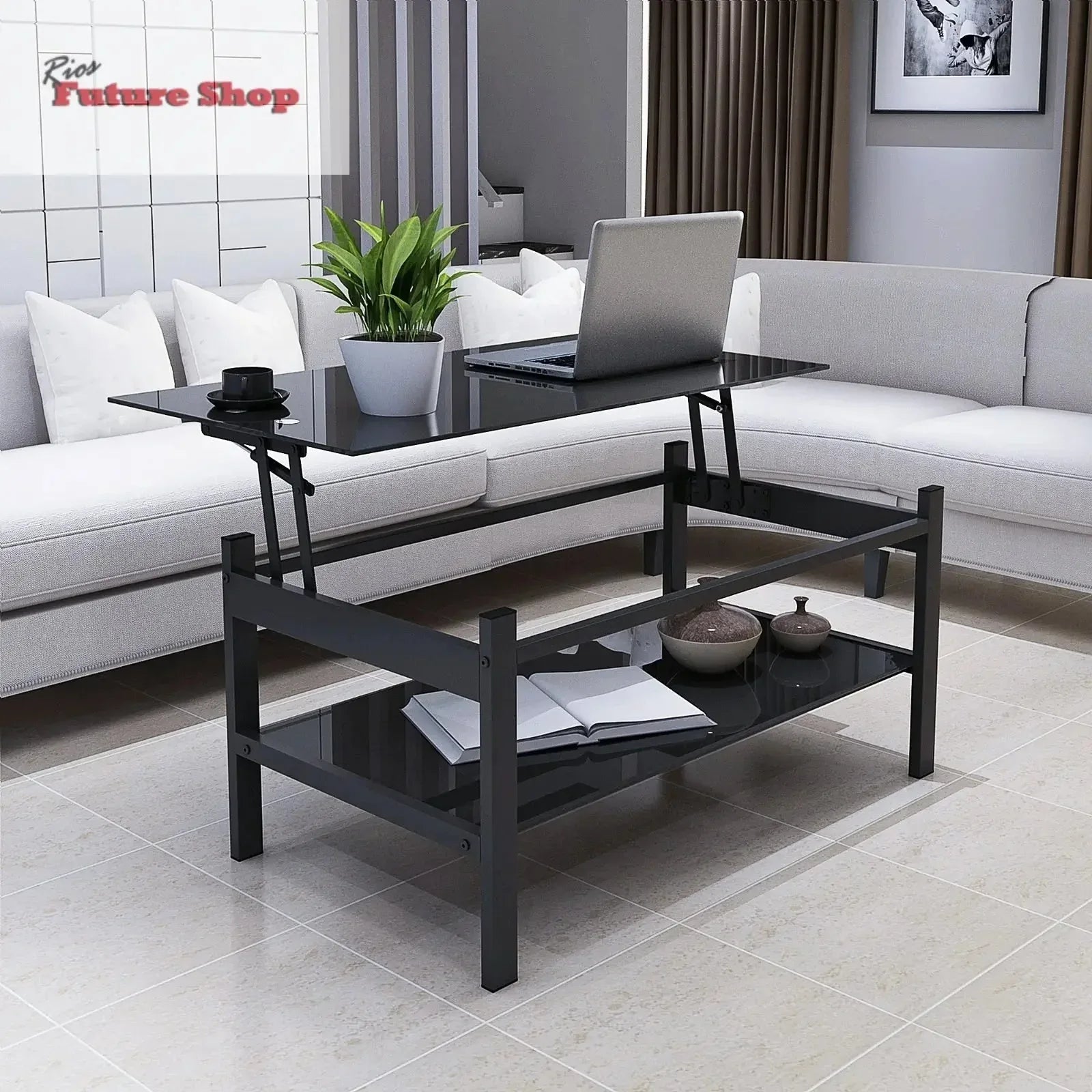 Glass Lift Top Coffee Table, 2-Layer Tempered Glass, Modern Simple, Black - Rios Future Shop