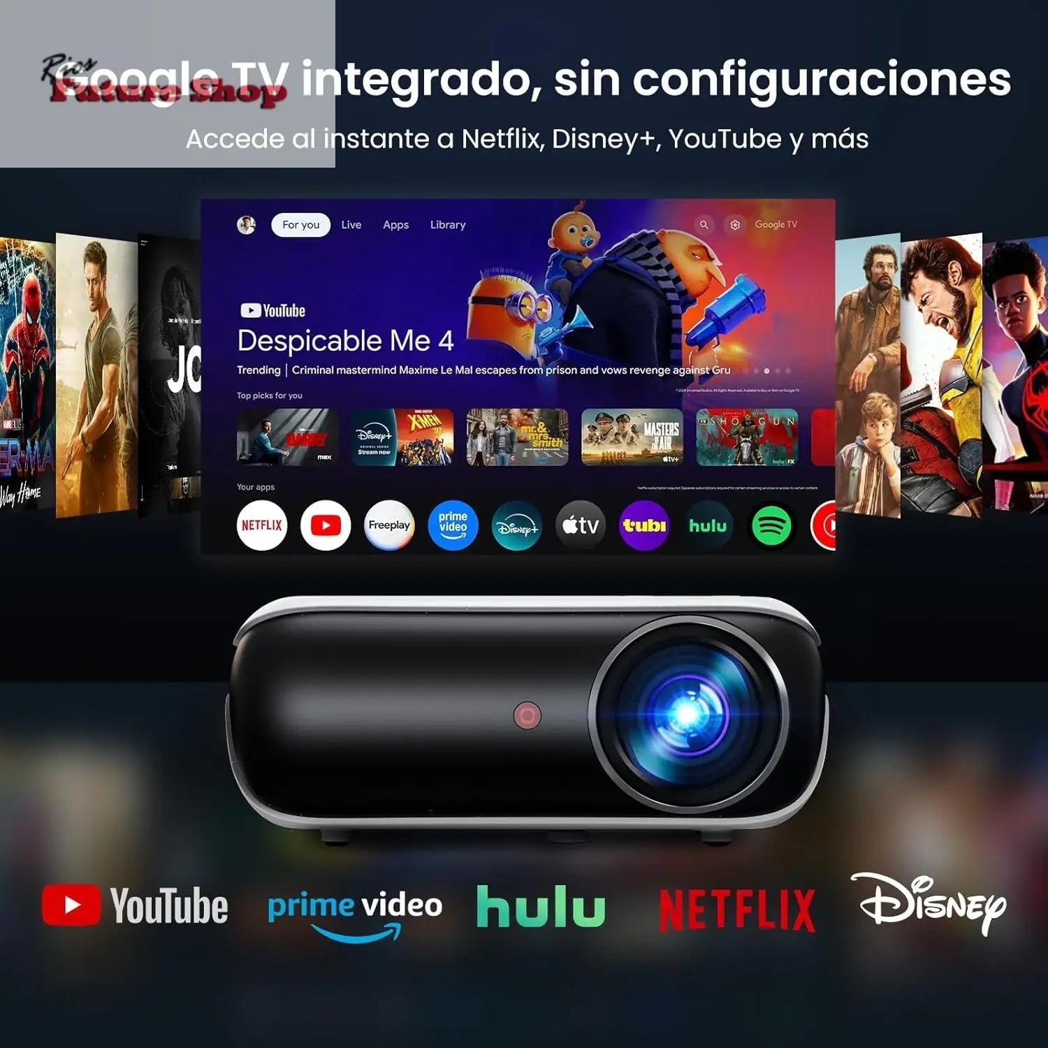 【Google TV Official】 Smart Mini Proyector 4K, HAPPRUN 1000 ANSI 1080P Full HD Proyector con Dolby Audio, WiFi6 Bluetooth5.2 Projector Cine en Casa, Control de Voz, con Netflix, Prime Video, Youtube