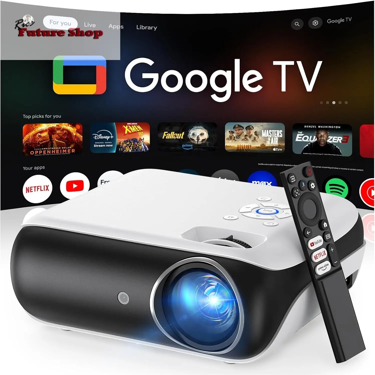 【Google TV Official】 Smart Mini Proyector 4K, HAPPRUN 1000 ANSI 1080P Full HD Proyector con Dolby Audio, WiFi6 Bluetooth5.2 Projector Cine en Casa, Control de Voz, con Netflix, Prime Video, Youtube