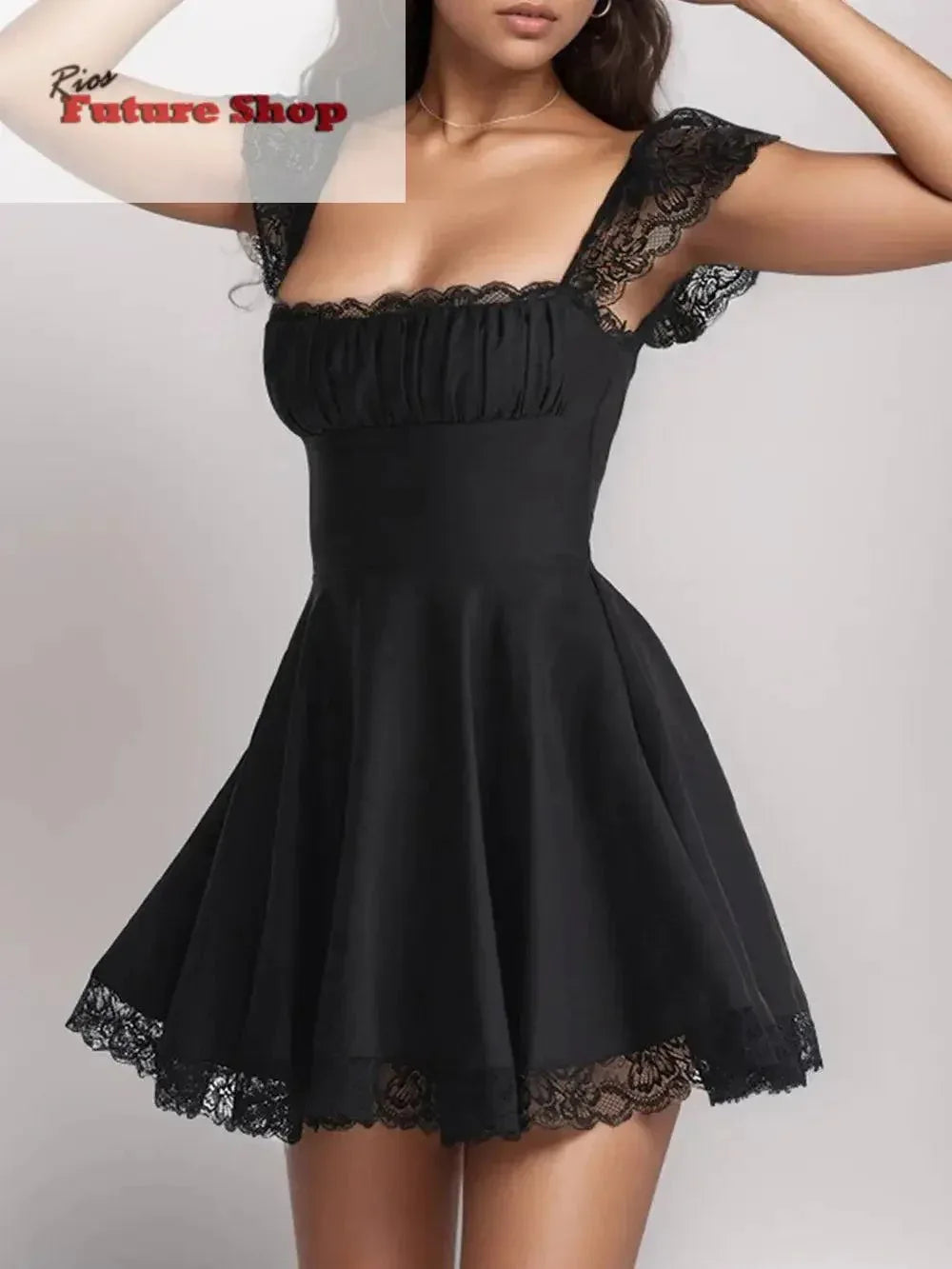 Lace Detail Square Neck Cap Sleeve Mini Dress - Rios Future Shop