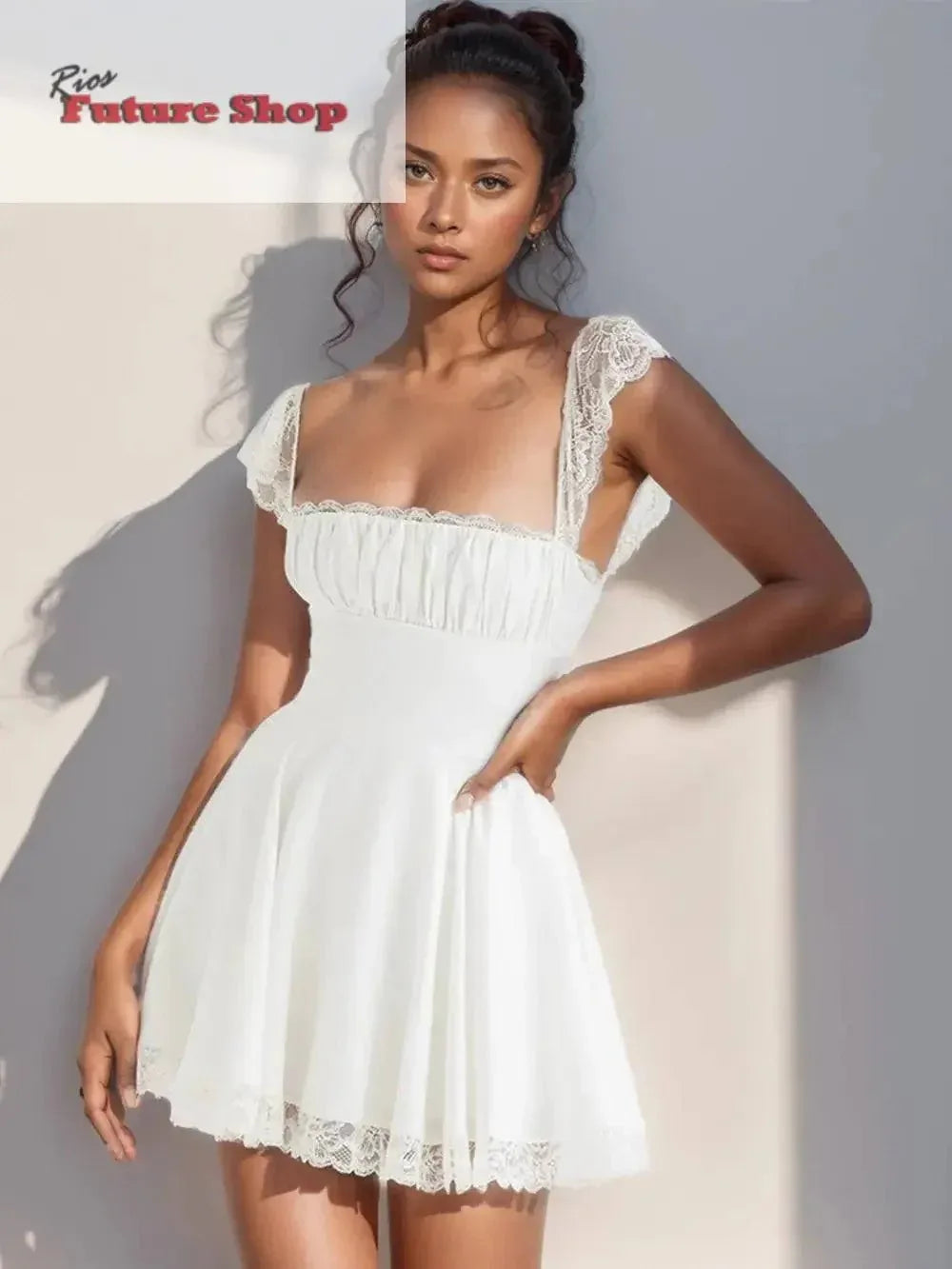 Lace Detail Square Neck Cap Sleeve Mini Dress - Rios Future Shop