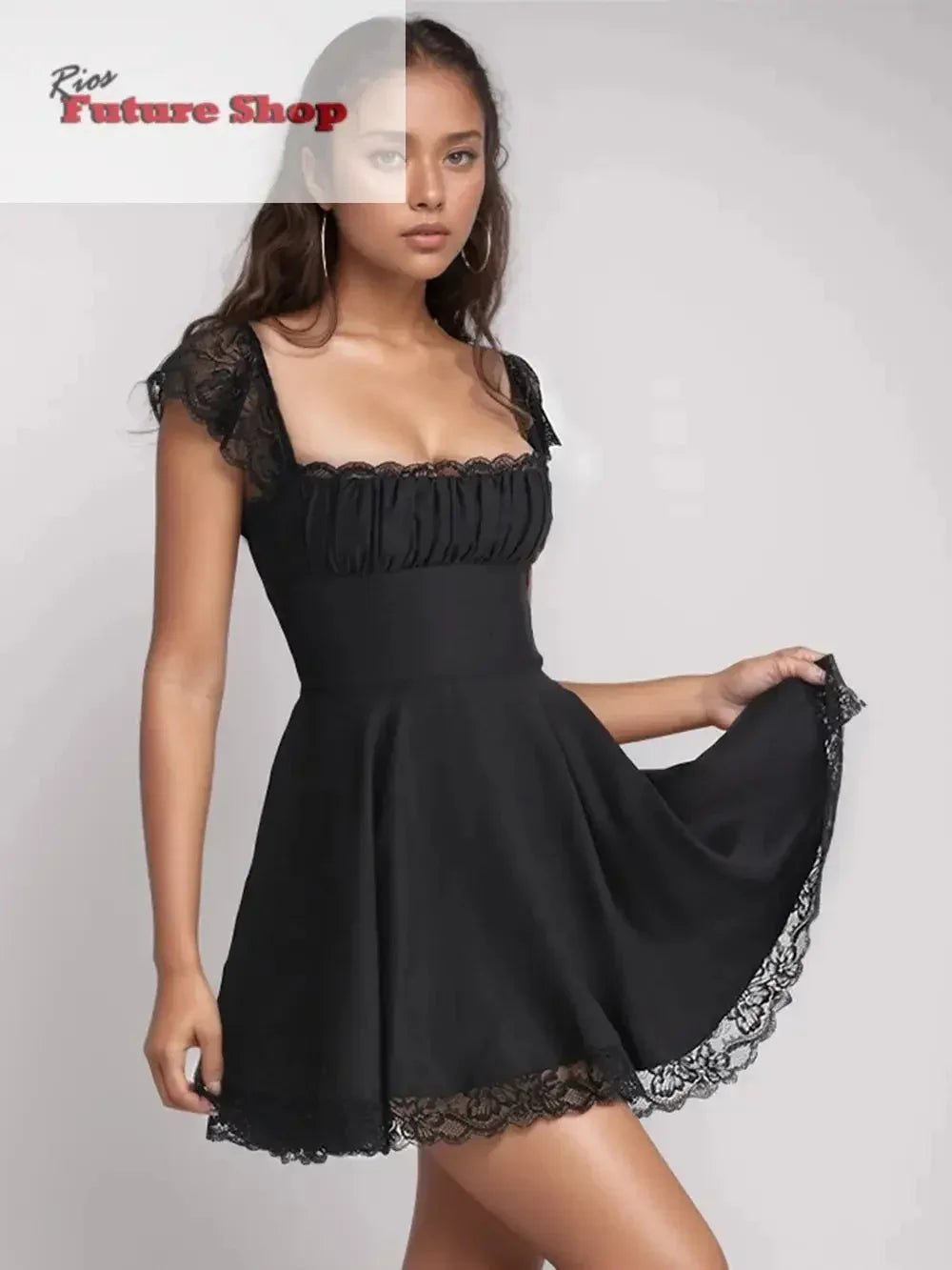 Lace Detail Square Neck Cap Sleeve Mini Dress - Rios Future Shop