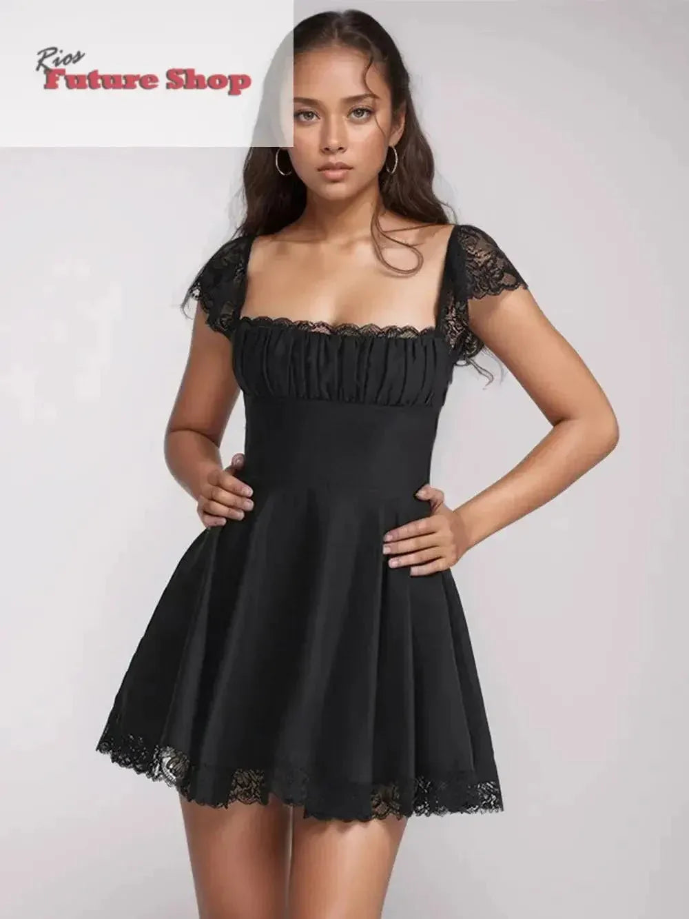 Lace Detail Square Neck Cap Sleeve Mini Dress - Rios Future Shop