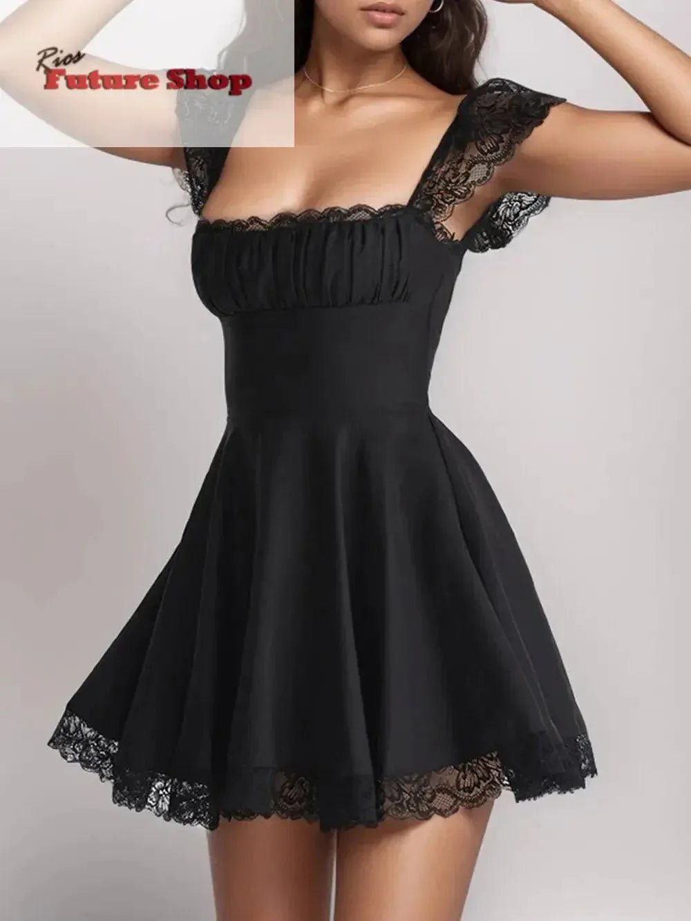 Lace Detail Square Neck Cap Sleeve Mini Dress - Rios Future Shop