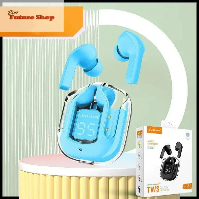 Novo Mini Transparente Sem Fio Bluetooth Headset Display Digital ENC Redução de Ruído Verdadeiro Desporto Música Sem Fio - Rios Future Shop
