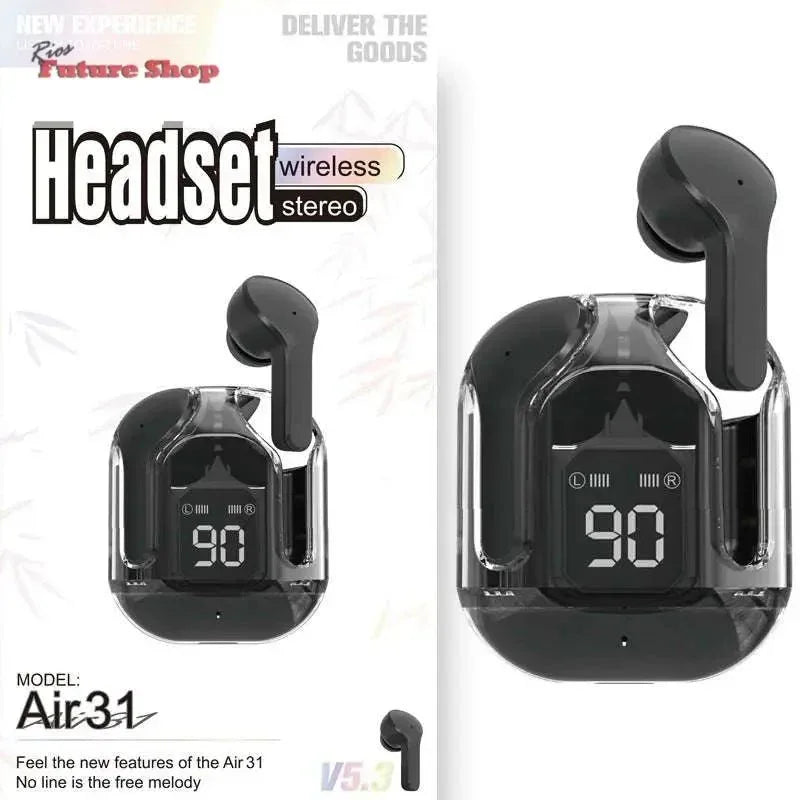 Novo Mini Transparente Sem Fio Bluetooth Headset Display Digital ENC Redução de Ruído Verdadeiro Desporto Música Sem Fio - Rios Future Shop