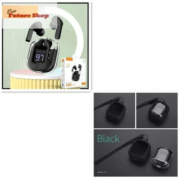 Novo Mini Transparente Sem Fio Bluetooth Headset Display Digital ENC Redução de Ruído Verdadeiro Desporto Música Sem Fio - Rios Future Shop