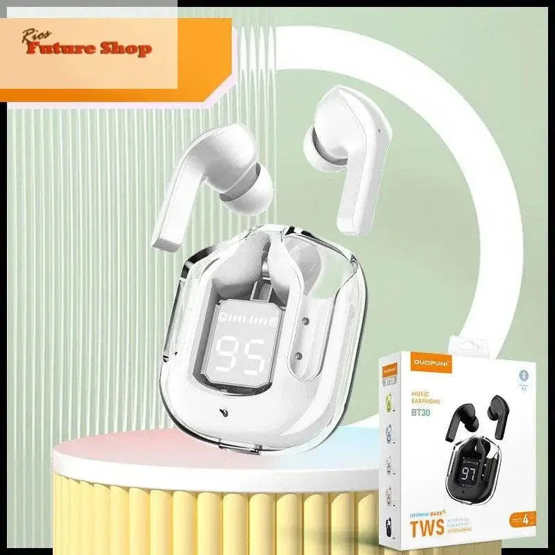Novo Mini Transparente Sem Fio Bluetooth Headset Display Digital ENC Redução de Ruído Verdadeiro Desporto Música Sem Fio - Rios Future Shop