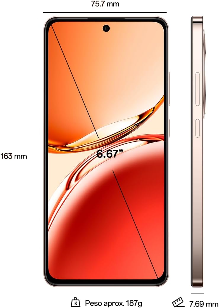 OPPO Reno12F 4G - Smartphone Libre con IA, 16GB (8GB+8GB) 256GB, Pantalla 2.5D AMOLED 6.7", Cámara 50+8+32 MP, Android, IP64, Batería 5000mAh, Carga Rápida 45W - Amber Orange
