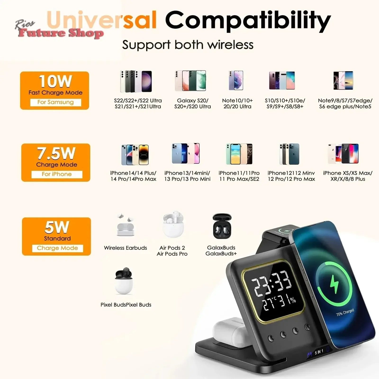 Phone Stand Tabletop 15w Fast Charging 5 in One Universal Wireless Charger Desk Charger for Iphone - Rios Future Shop