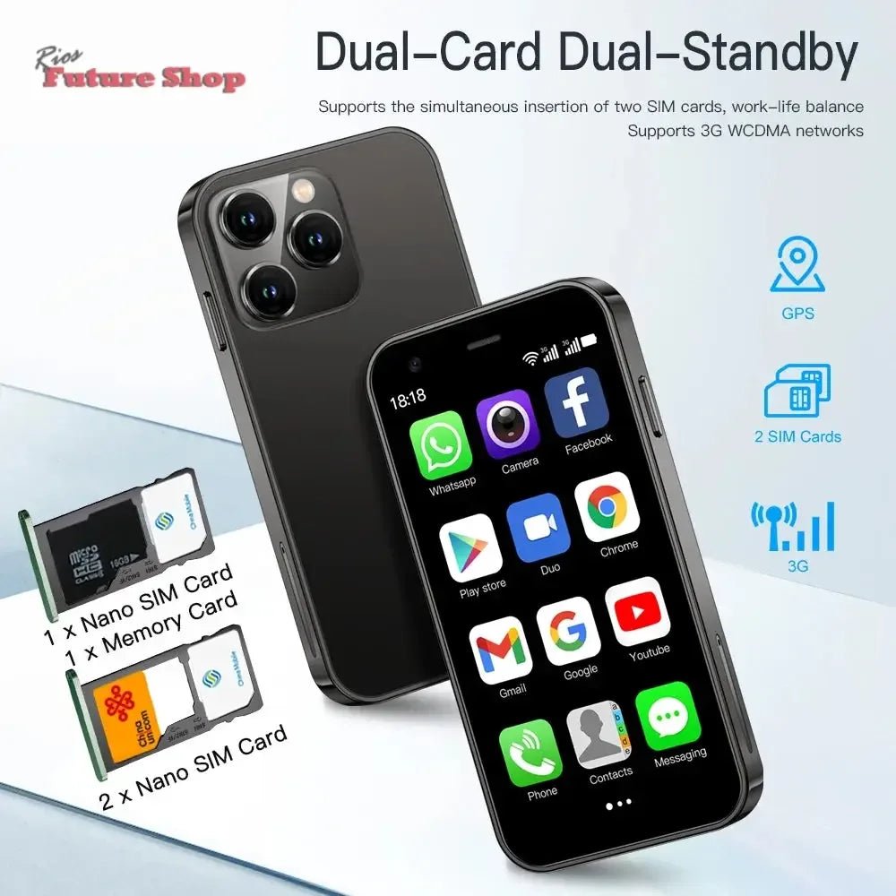 SERVO 15SE Mini Smartphone 3G WCDMA Android System WiFi Hotspot Play Store 3.0" Display Small Palm Smart Phones Dual SIM Standby - Rios Future Shop