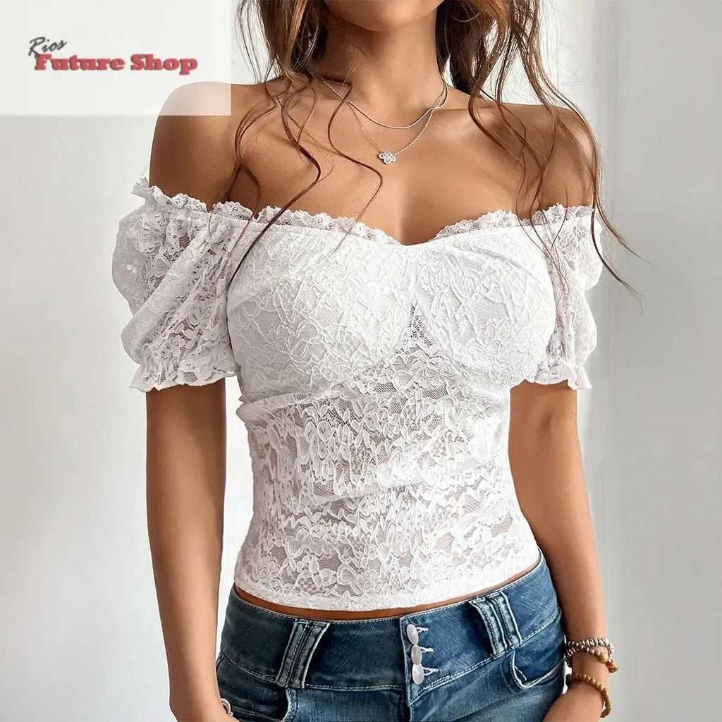 Sexy hollow out navel slimming one shoulder lace top for women's wear - Rios Future Shop