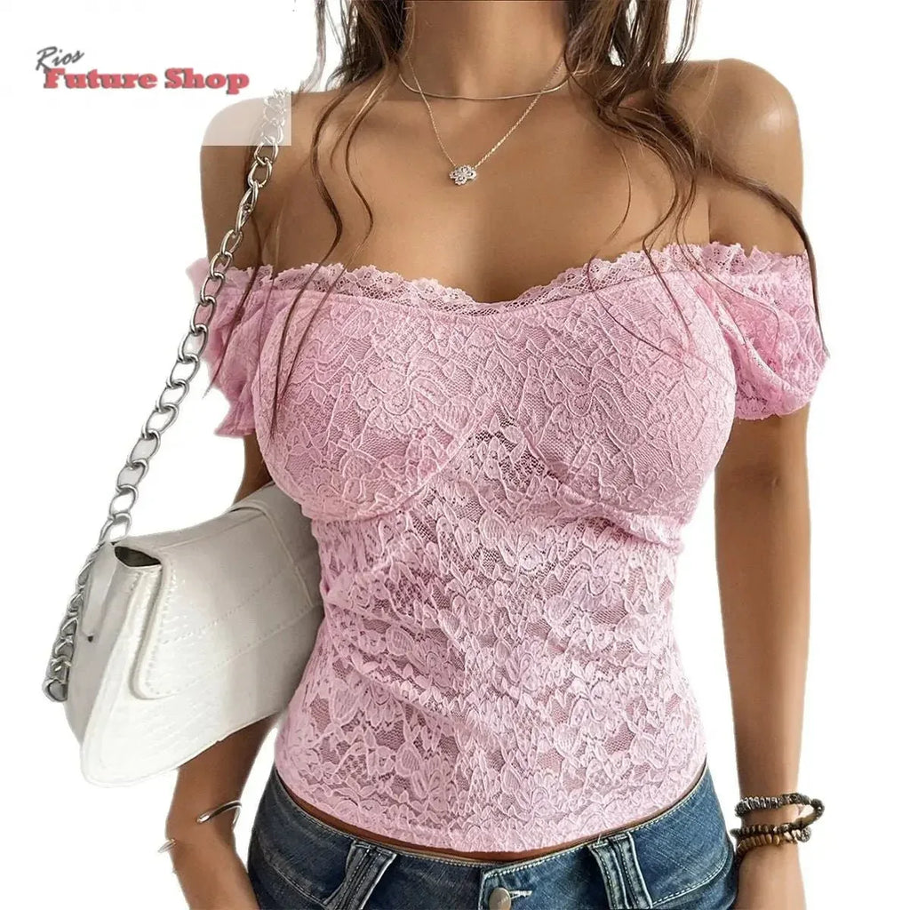Sexy hollow out navel slimming one shoulder lace top for women's wear - Rios Future Shop