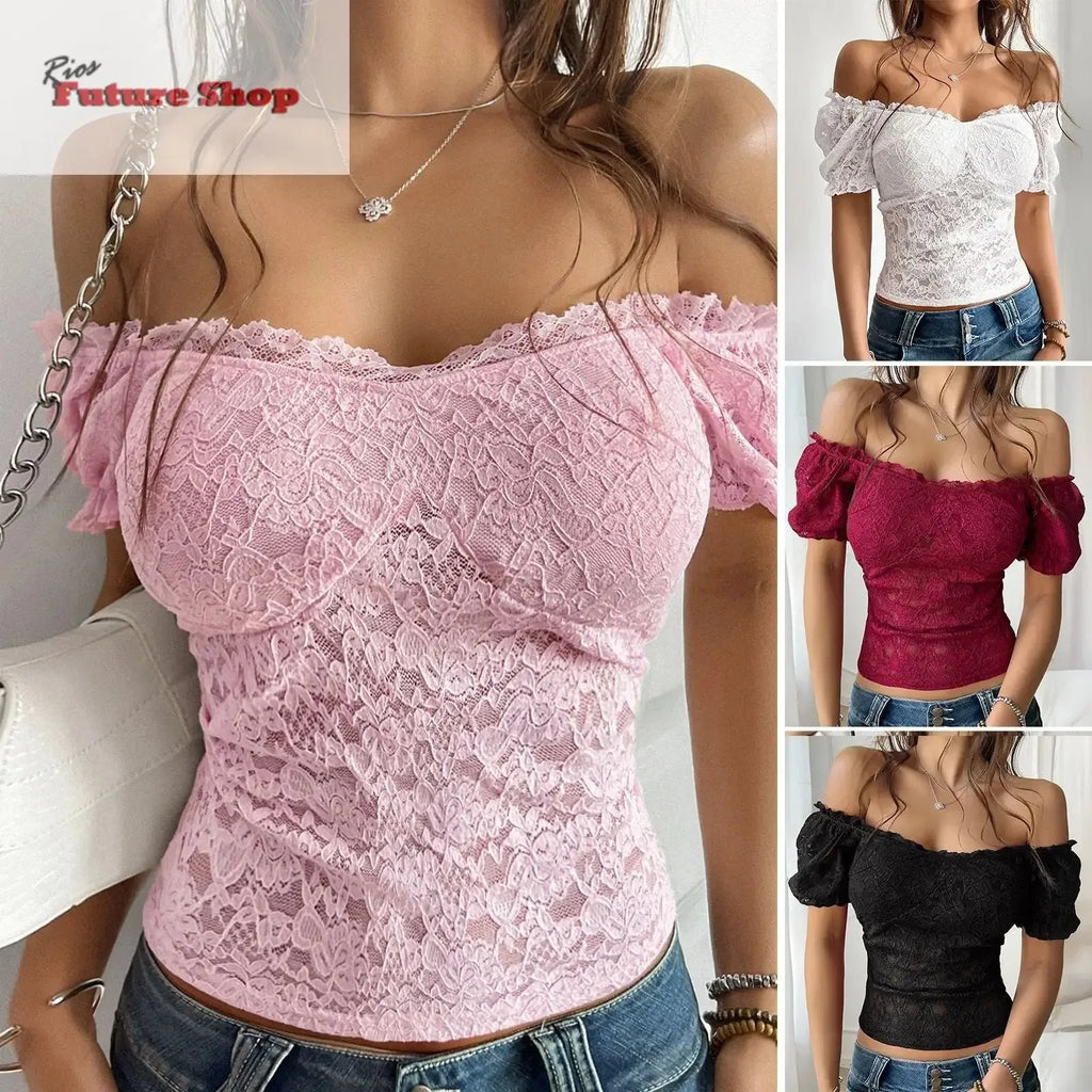 Sexy hollow out navel slimming one shoulder lace top for women's wear - Rios Future Shop
