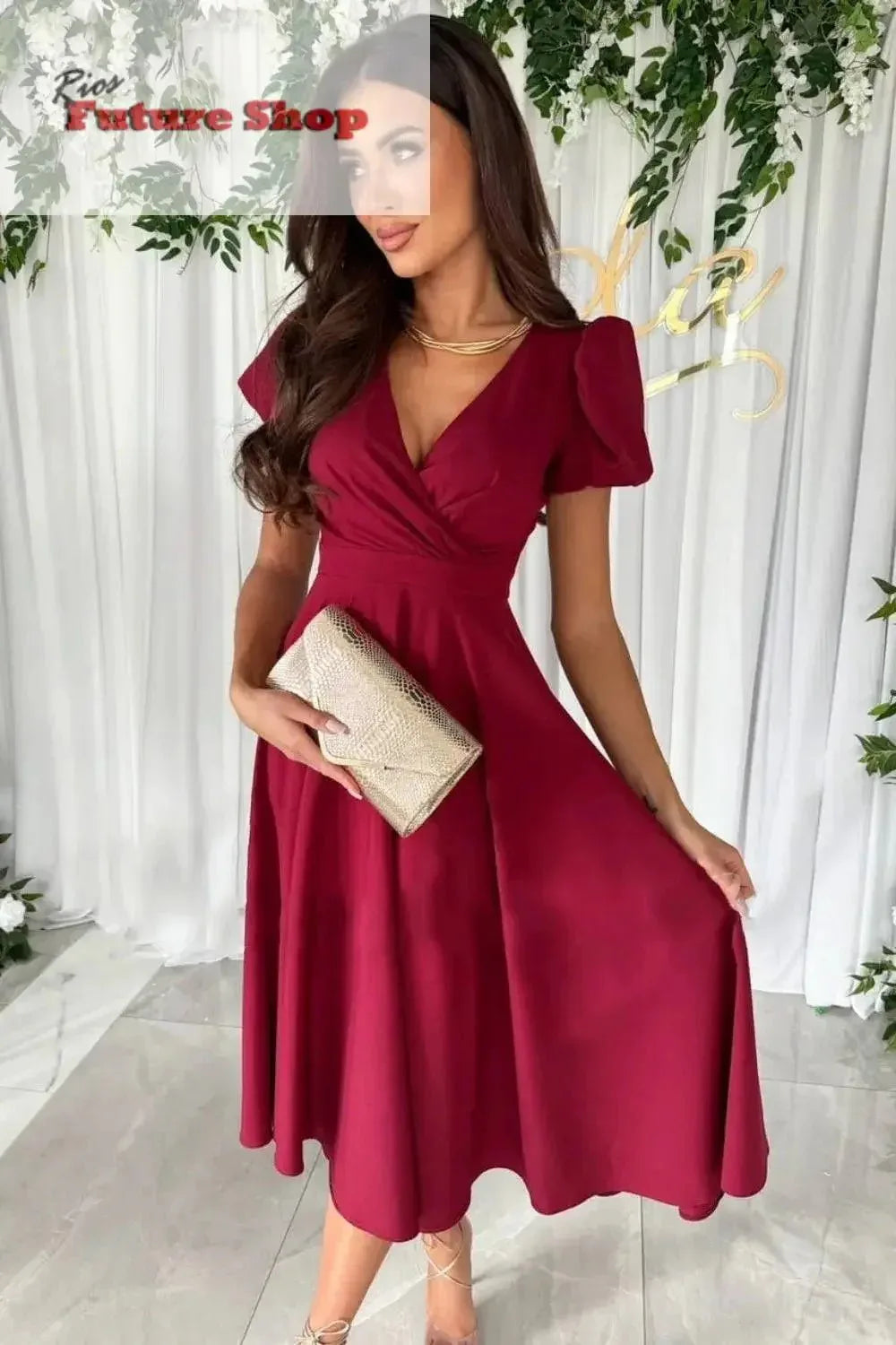 Surplice Puff Sleeve Midi Dress - Rios Future Shop