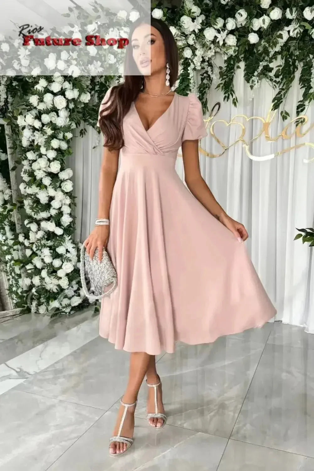 Surplice Puff Sleeve Midi Dress - Rios Future Shop