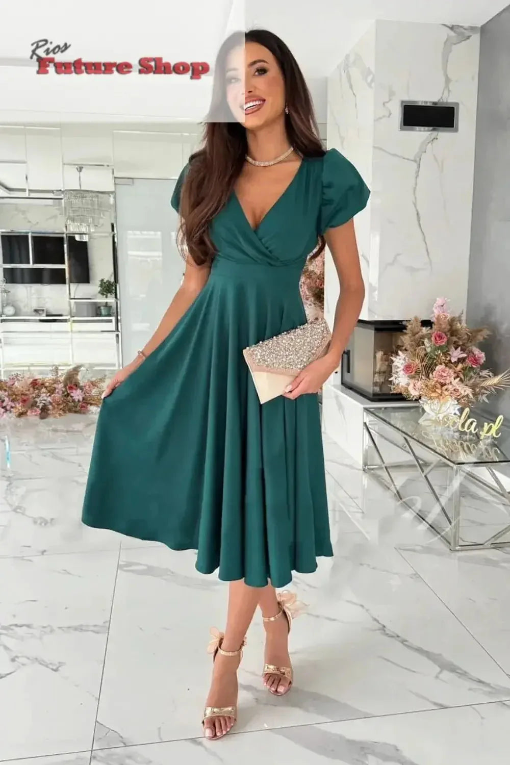 Surplice Puff Sleeve Midi Dress - Rios Future Shop