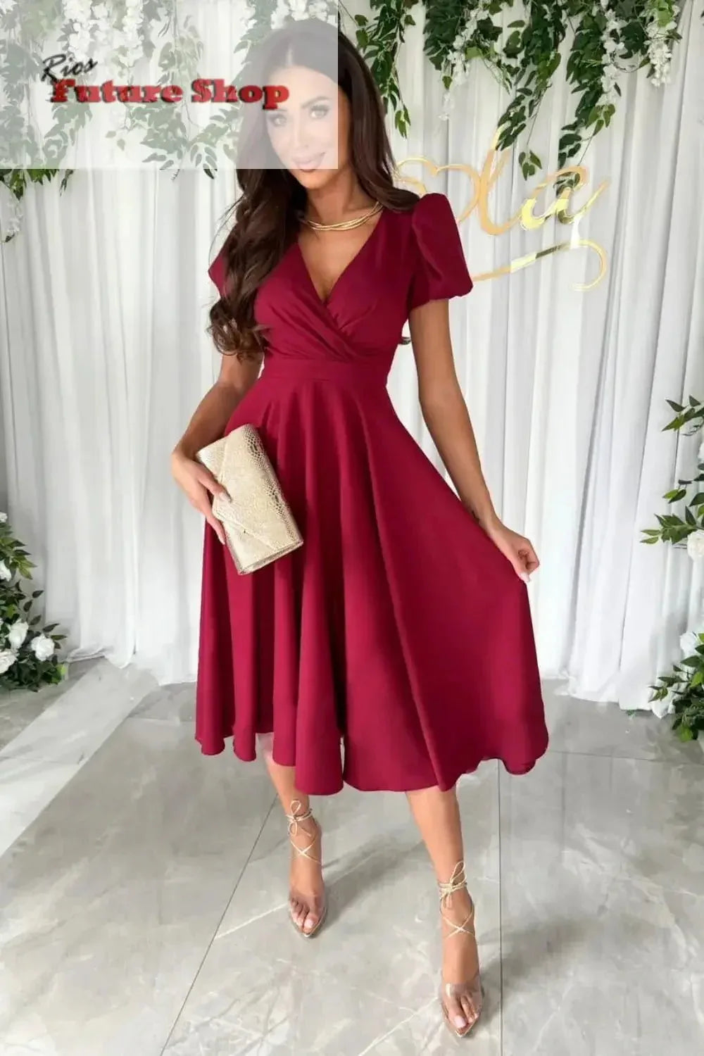 Surplice Puff Sleeve Midi Dress - Rios Future Shop