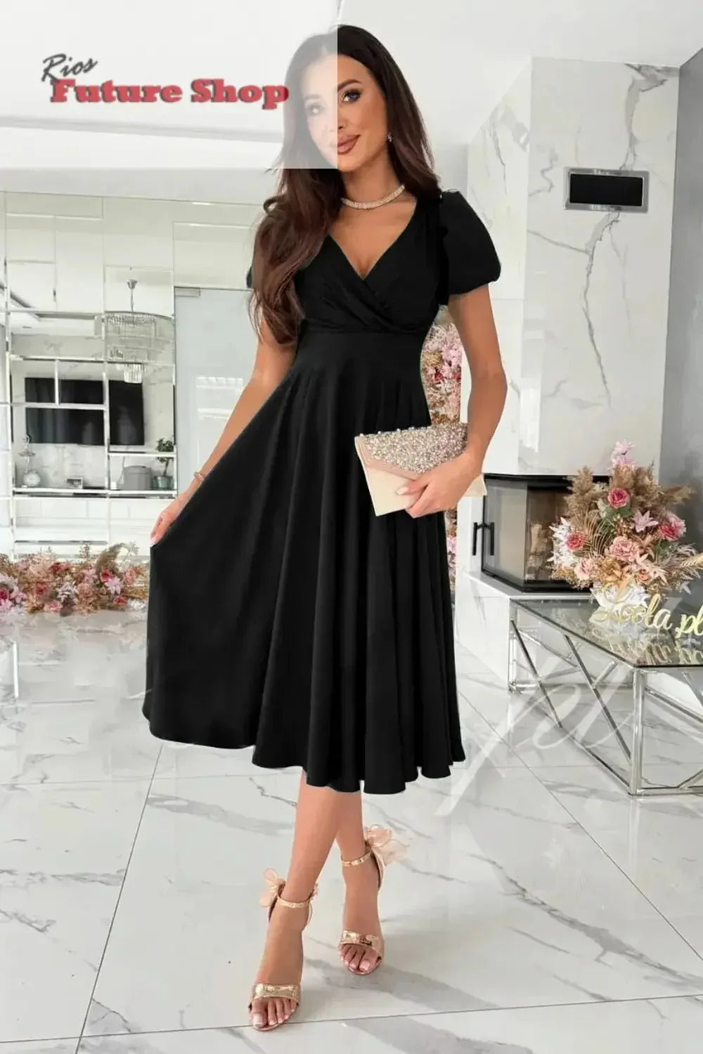 Surplice Puff Sleeve Midi Dress - Rios Future Shop